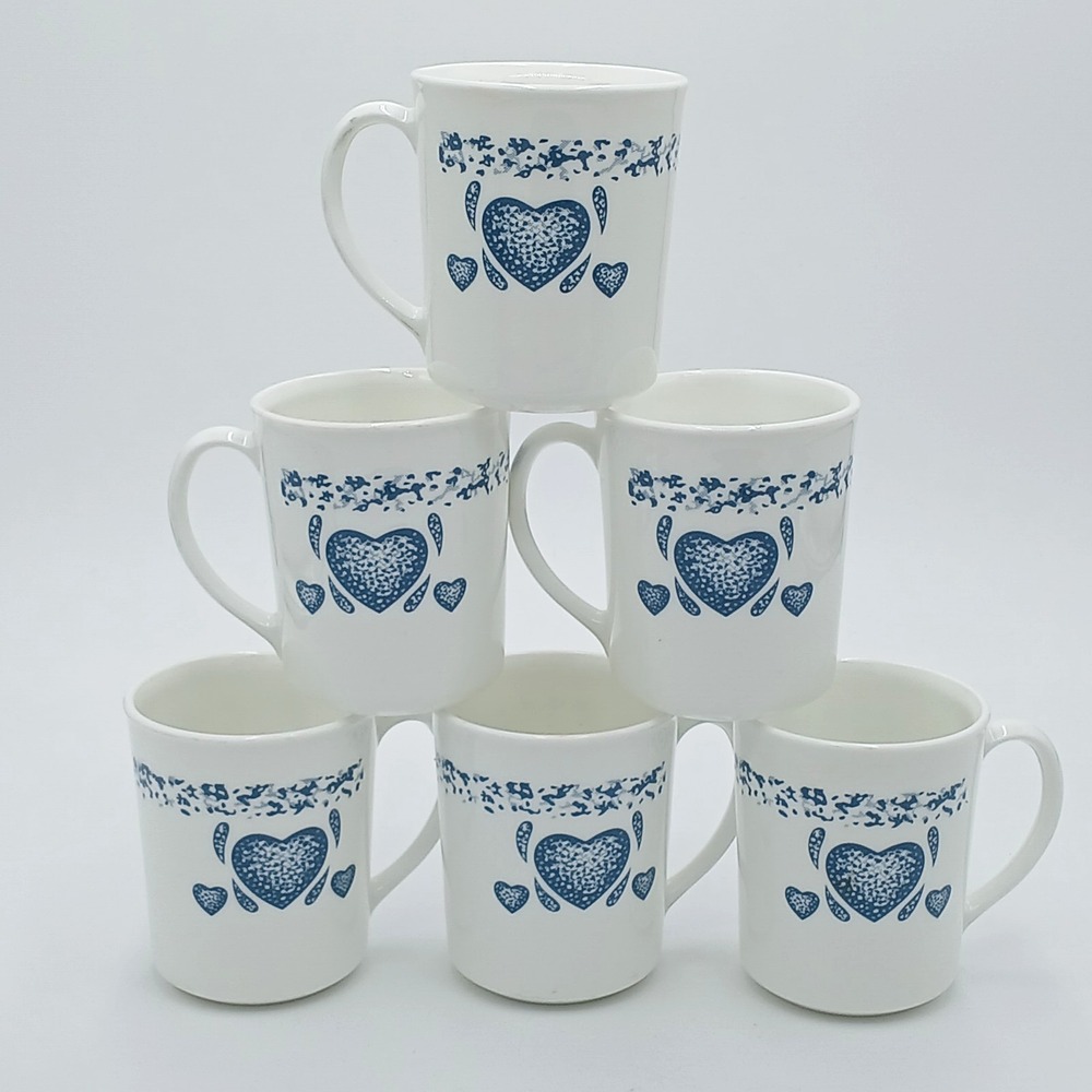 Vintage Corning Coffee Mugs Set of 6 White Blue Hearts Design Ceramic Tea Cups